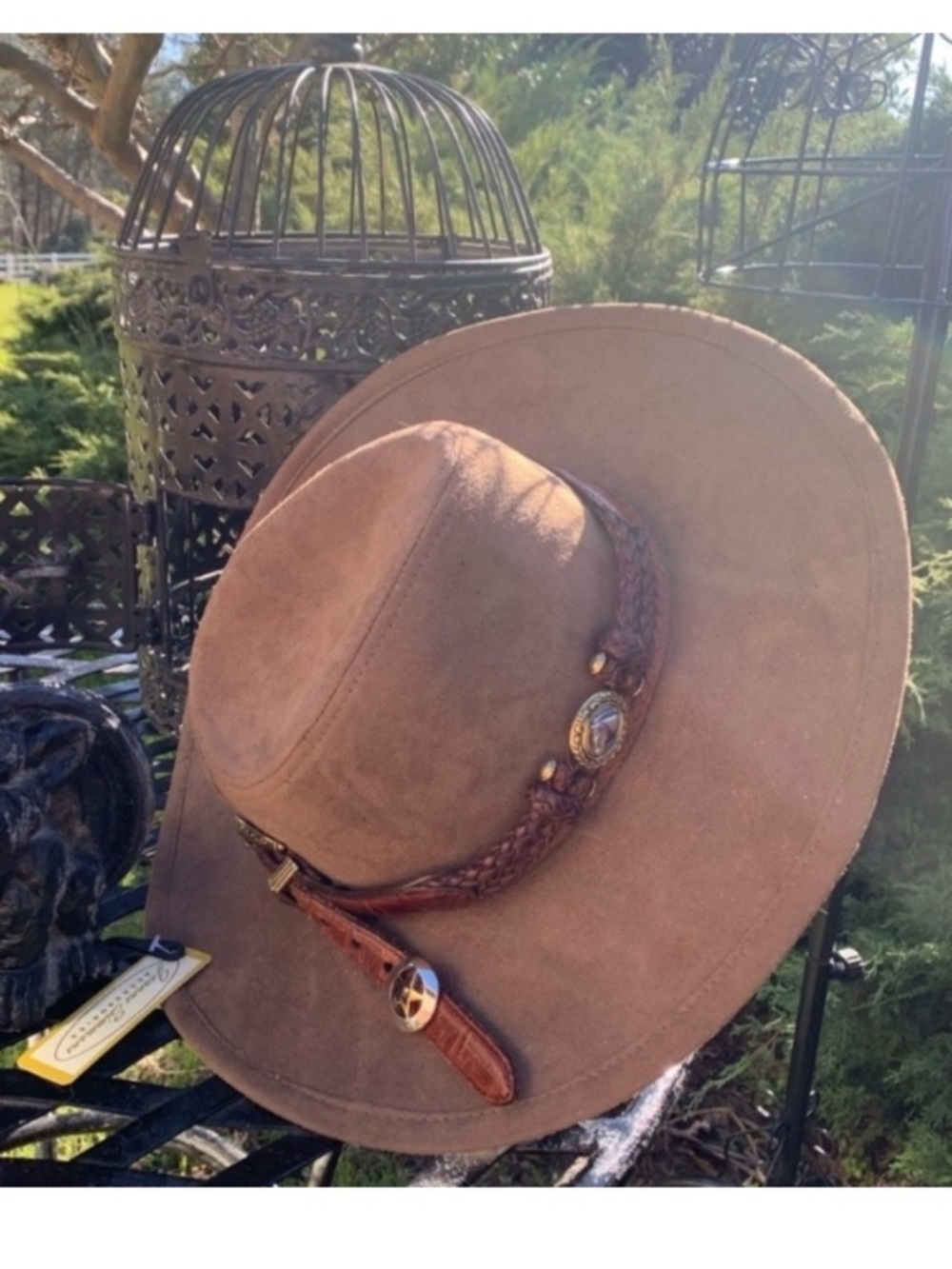 Upcycled Wide-Brim Suede Western Hat with Braided Leather Band